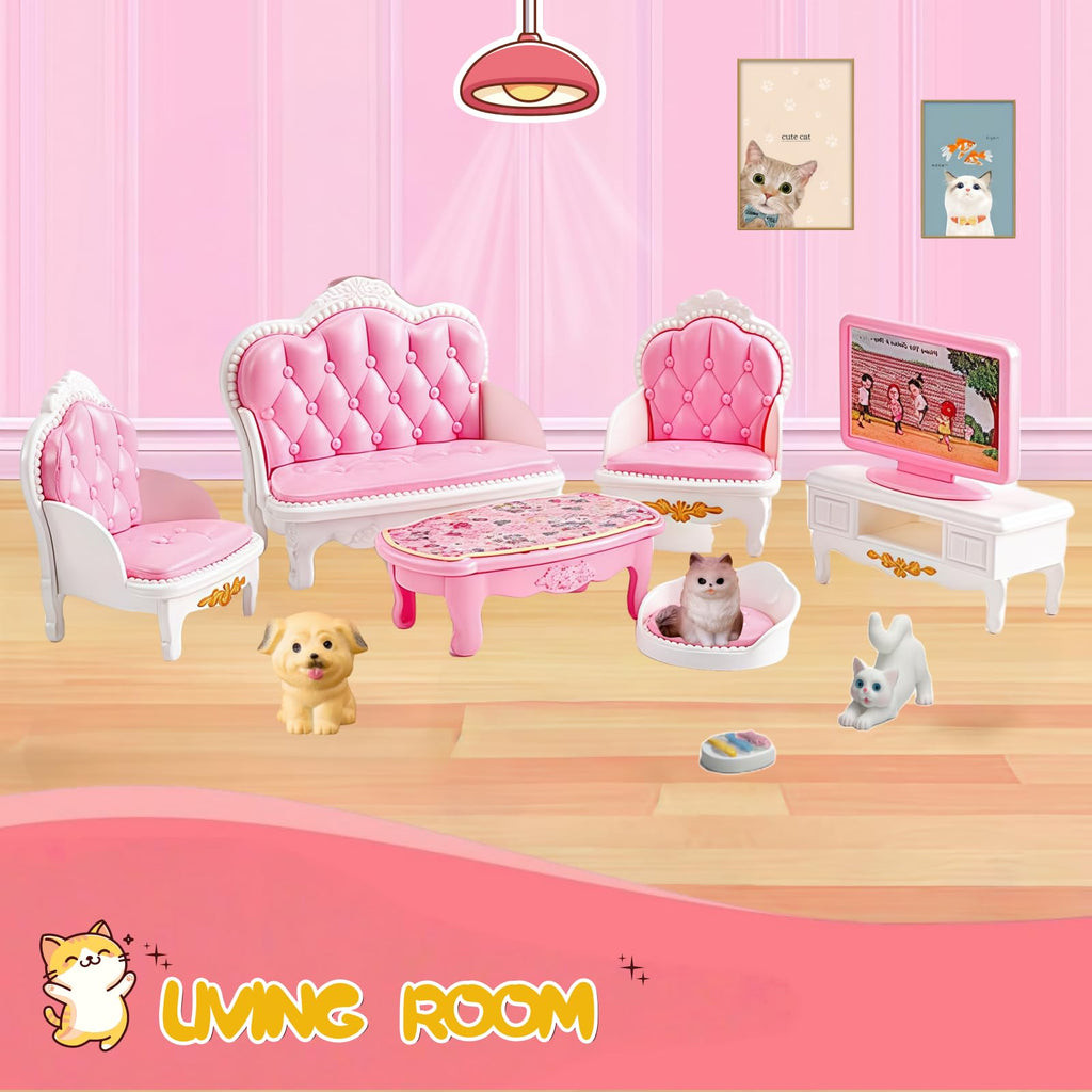 Xadothat 36-Piece Pink Dollhouse Furniture Set – Complete Collection for Kitchen, Dining, Living Room, Bedroom & Bathroom