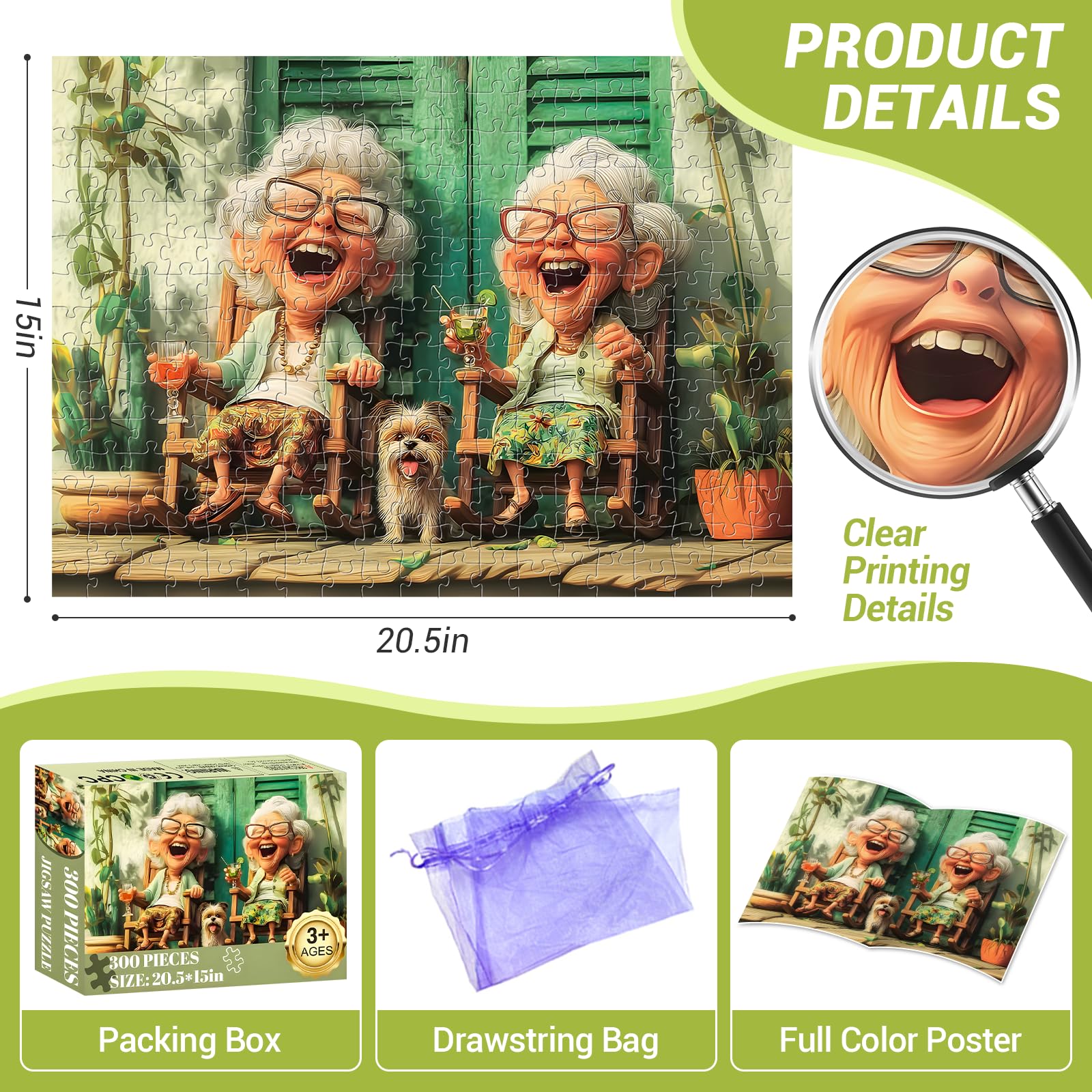 XAPAEG 300-Piece Jigsaw Puzzle for Adults – Cute Grandma Scene with Dog, 20.5×15 in