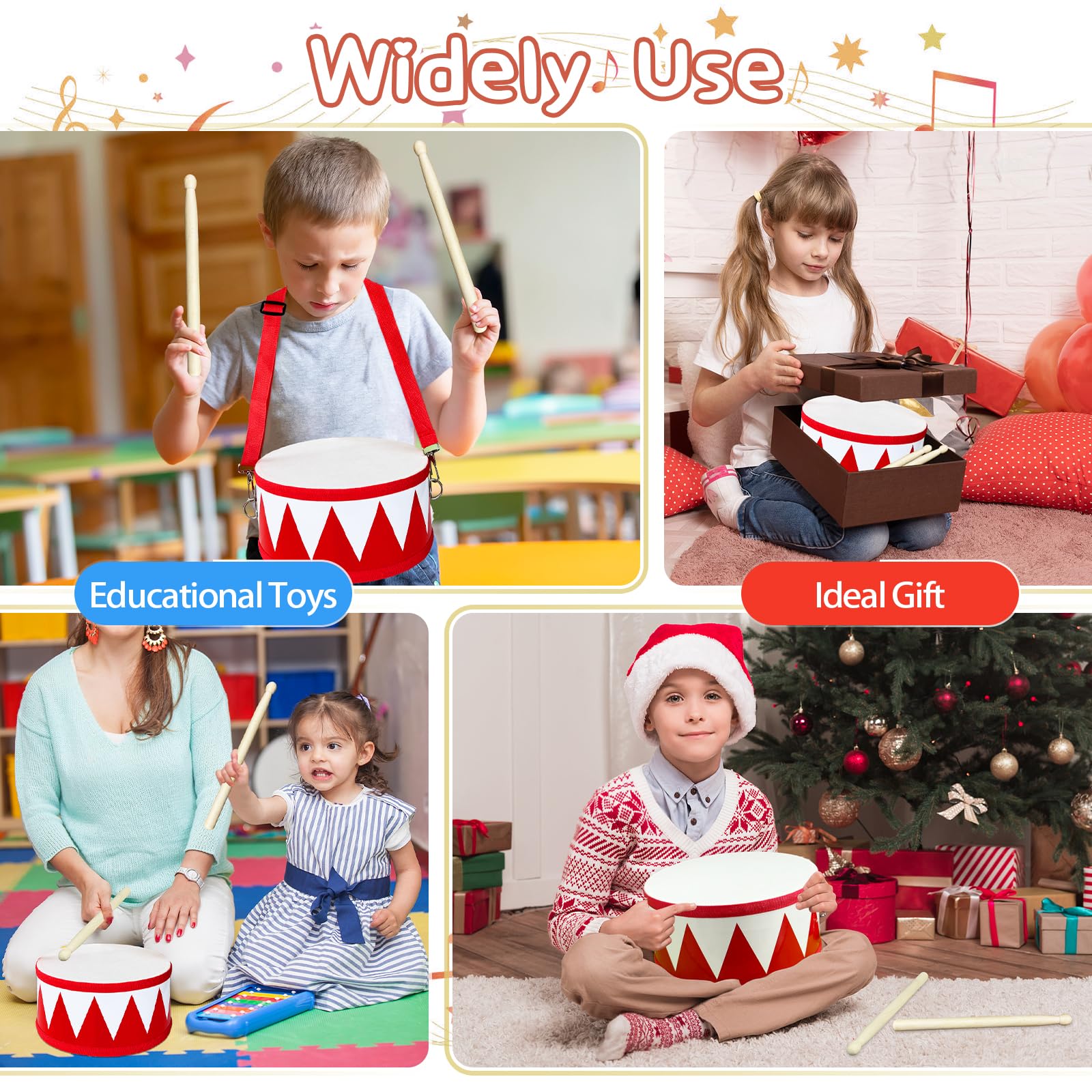 Xeehwb Kids Wooden Drum Set (8-Inch) – Red Toy Drum with Adjustable Strap and 2 Drumsticks for Toddlers