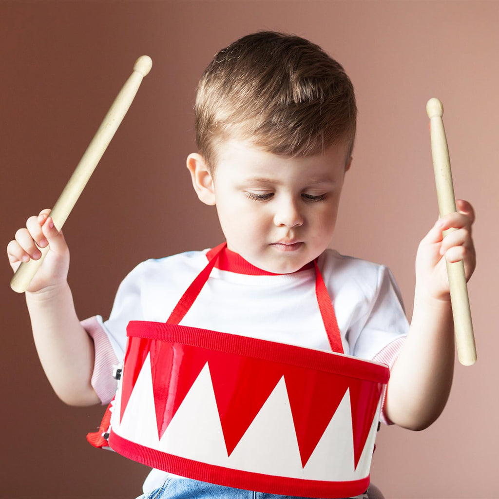 Xeehwb Kids Wooden Drum Set (8-Inch) – Red Toy Drum with Adjustable Strap and 2 Drumsticks for Toddlers