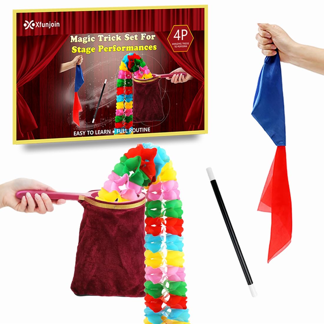 Xfunjoin 4-Piece Stage Magic Kit for Beginners: Change Bag, Rising Wand & More