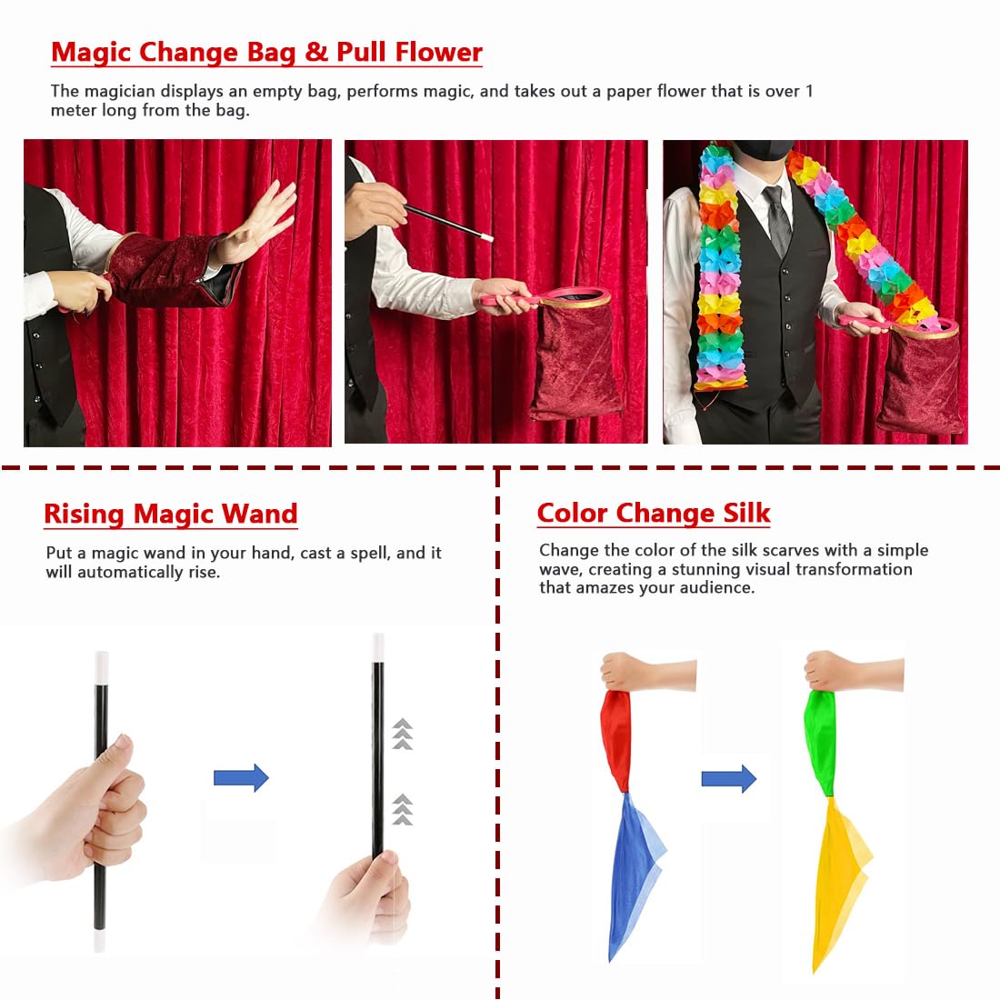 Xfunjoin 4-Piece Stage Magic Kit for Beginners: Change Bag, Rising Wand & More