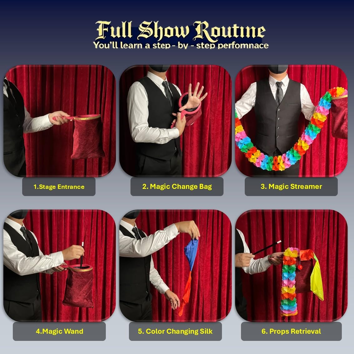 Xfunjoin 4-Piece Stage Magic Kit for Beginners: Change Bag, Rising Wand & More