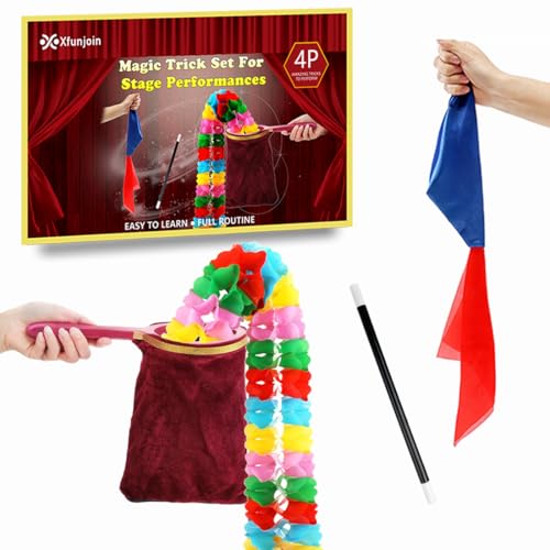 Xfunjoin 4-Piece Stage Magic Kit for Beginners: Change Bag, Rising Wand & More