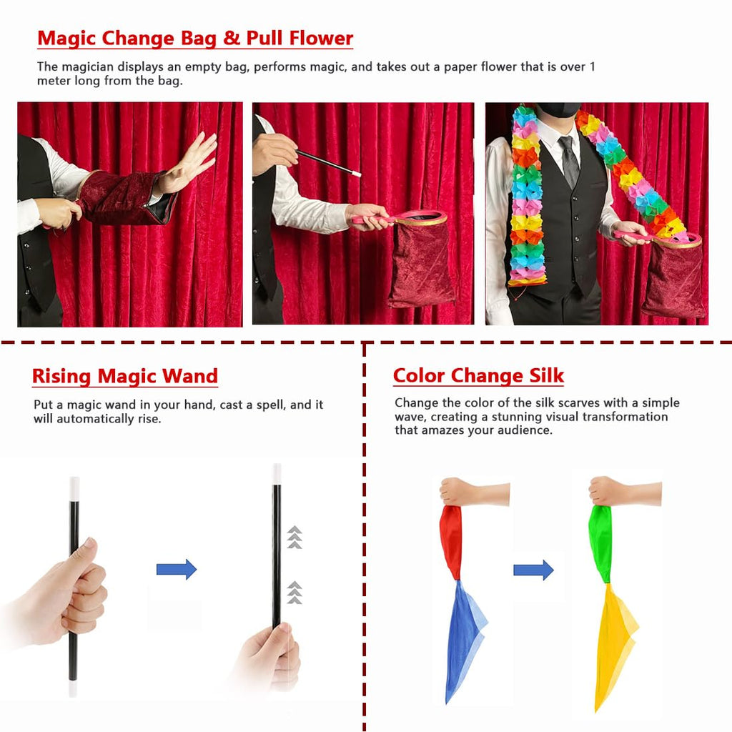 Xfunjoin 6Pcs Magic Trick Set: Stage Performance Kit with Change Bag & Silks | Beginner-Friendly