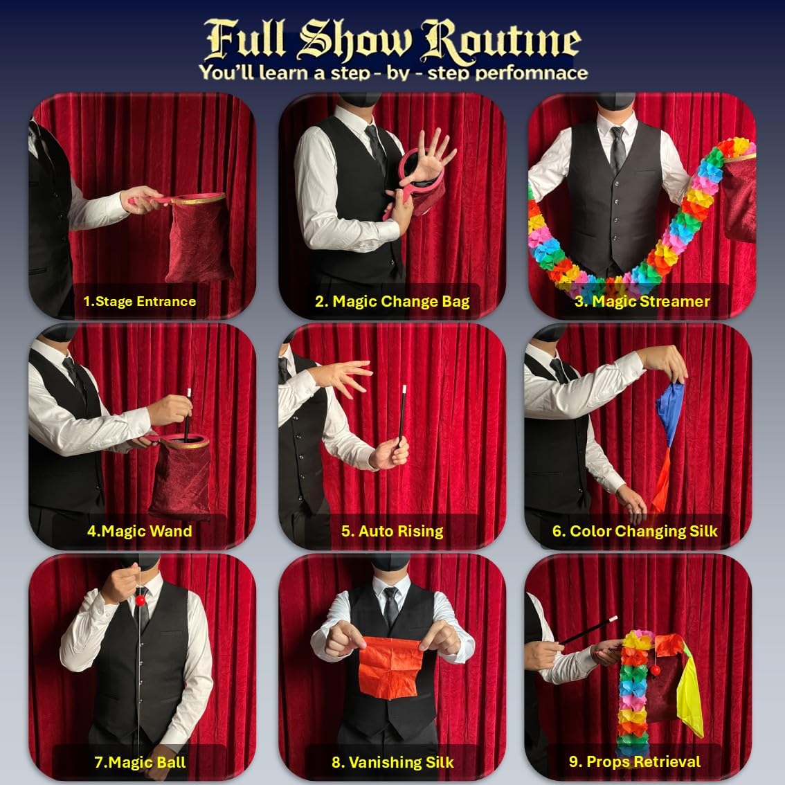 Xfunjoin 6Pcs Magic Trick Set: Stage Performance Kit with Change Bag & Silks | Beginner-Friendly