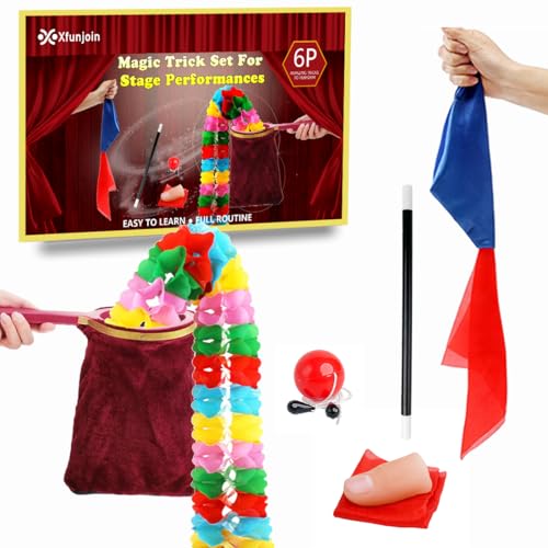 Xfunjoin 6Pcs Magic Trick Set: Stage Performance Kit with Change Bag & Silks | Beginner-Friendly