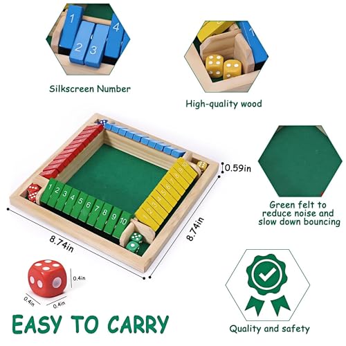XiangAi Shut The Box Game – 4-Player Wooden Dice Board with Felt Surface, Educational Math Puzzle for Family Game Night