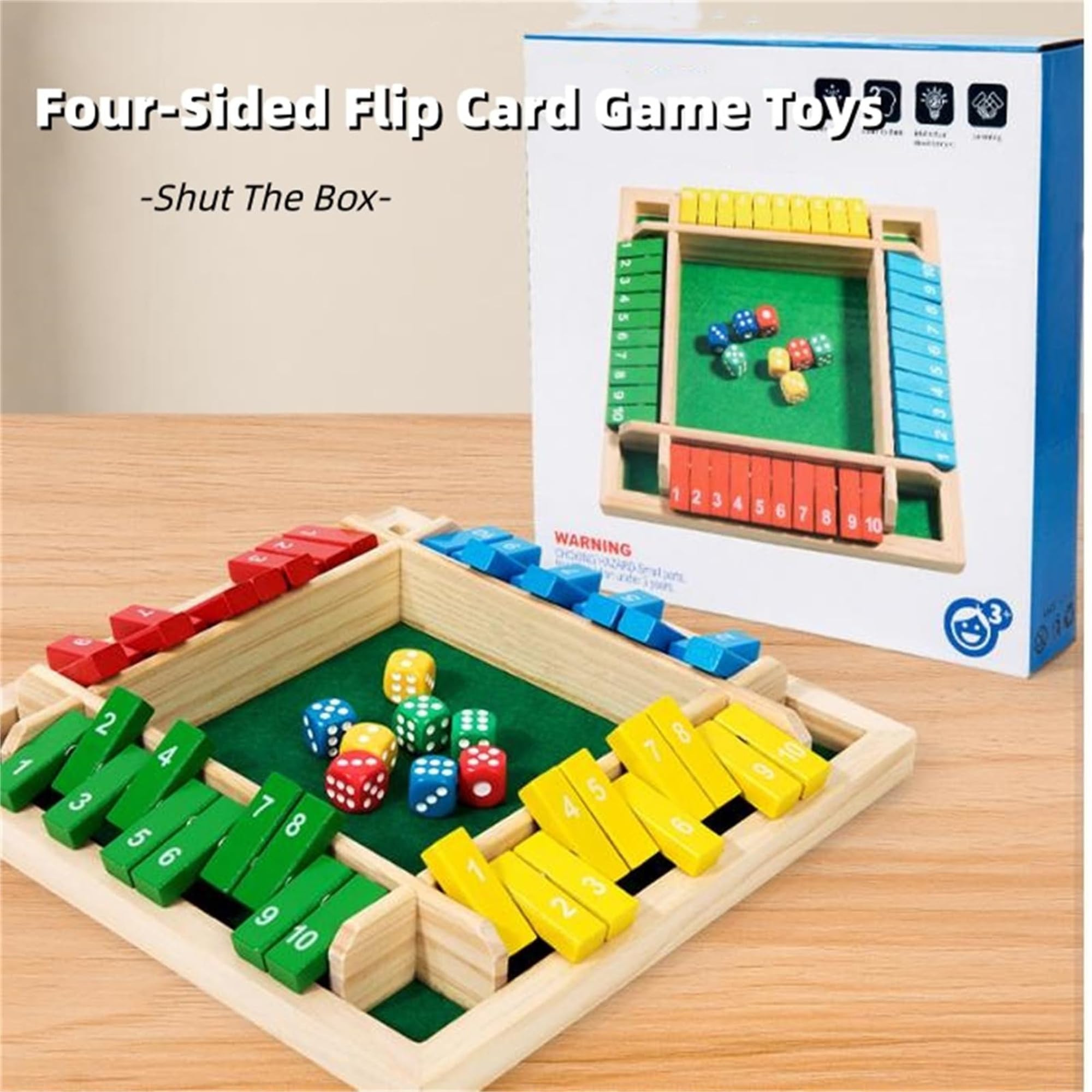XiangAi Shut The Box Game – 4-Player Wooden Dice Board with Felt Surface, Educational Math Puzzle for Family Game Night