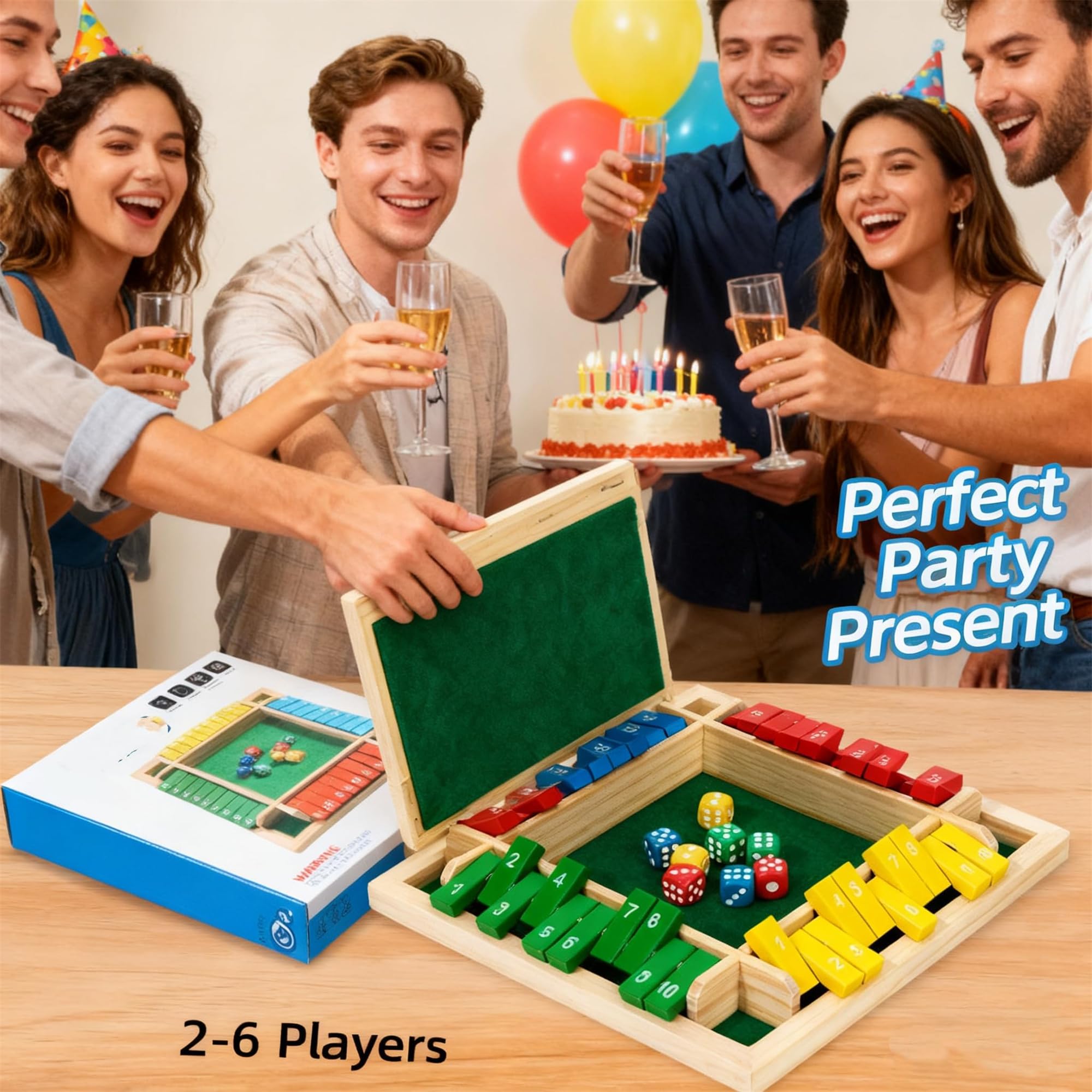 XiangAi Shut The Box Game – 4-Player Wooden Dice Board with Felt Surface, Educational Math Puzzle for Family Game Night