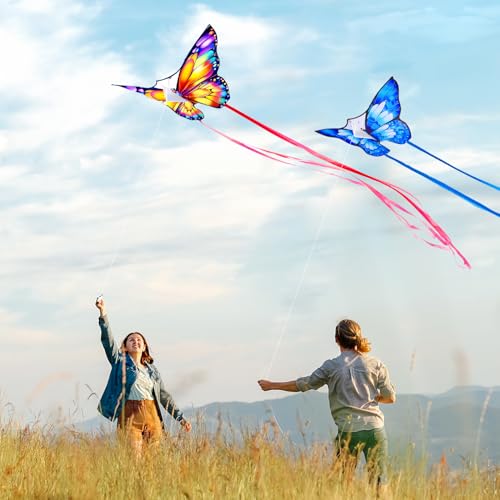 Xida Butterfly Kite for Kids & Adults – Easy to Fly Dual Kite Set with 300ft Handle, Yellow & Green