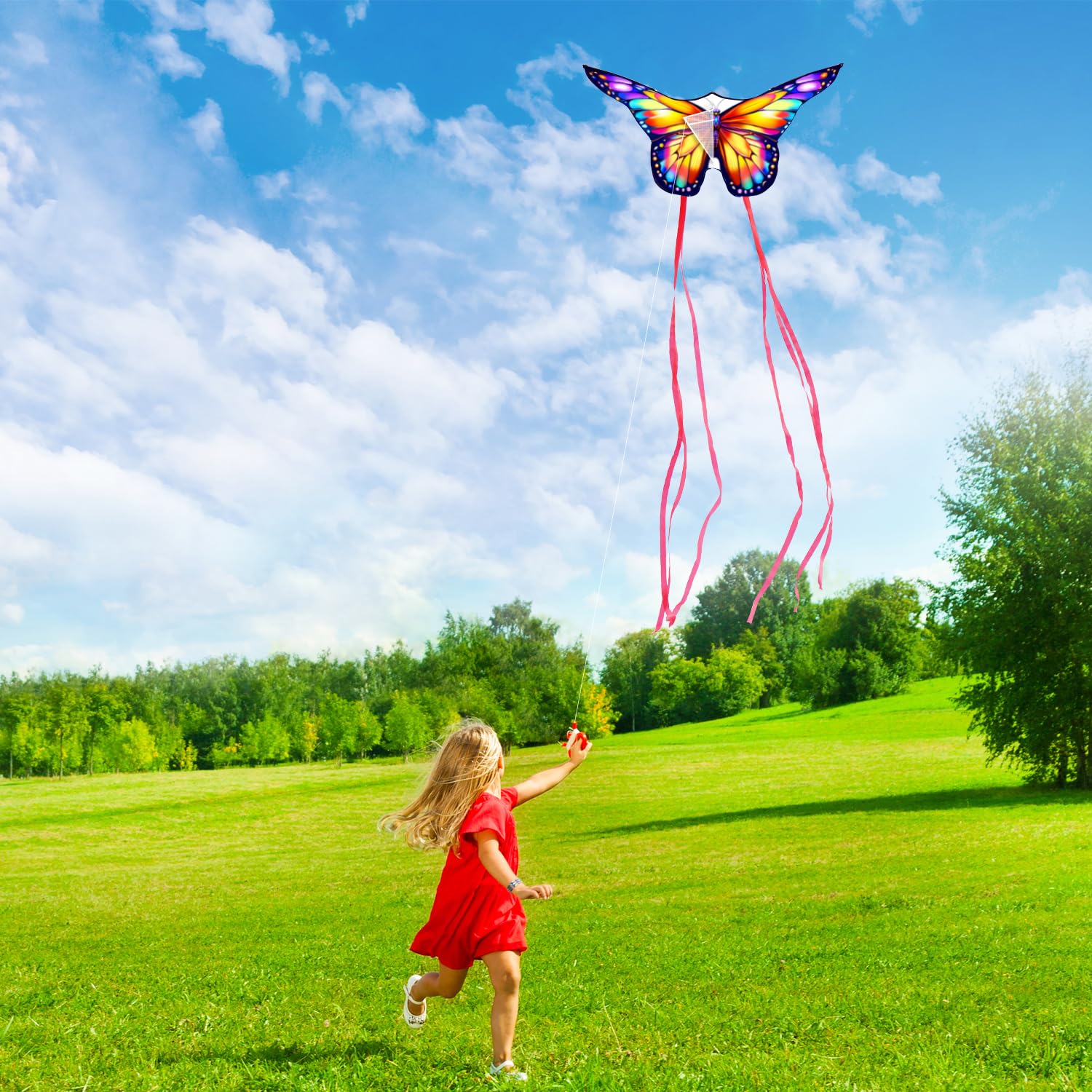 Xida Butterfly Kite for Kids & Adults – Easy to Fly Dual Kite Set with 300ft Handle, Yellow & Green