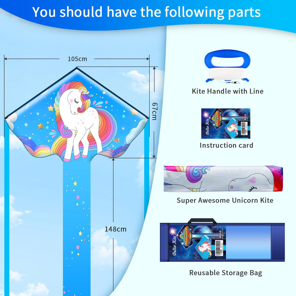 Xida Kite White Unicorn - Large Easy-to-Fly Kite for Kids Ages 4-8 and Adults