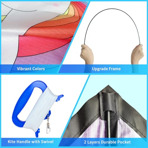 Xida Kite White Unicorn - Large Easy-to-Fly Kite for Kids Ages 4-8 and Adults