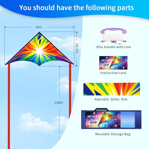 Xida Large Delta Kite for Kids and Adults – Easy to Fly Rainbow Kite with Lightning Design