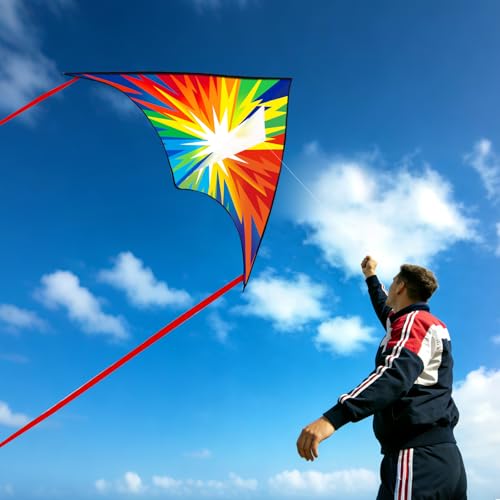 Xida Large Delta Kite for Kids and Adults – Easy to Fly Rainbow Kite with Lightning Design