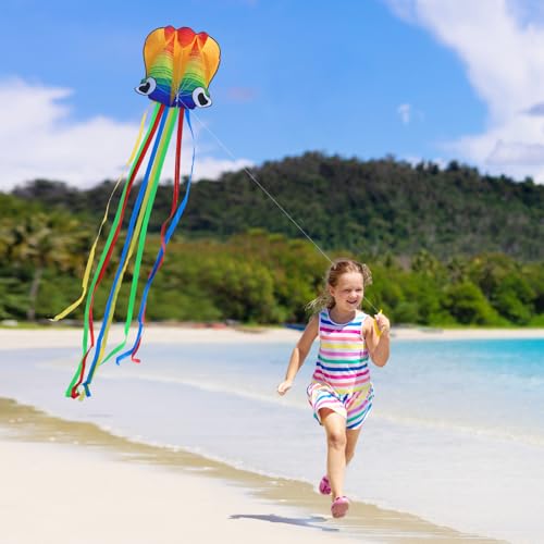 Xida Octopus Kite for Kids and Adults – Rainbow Frameless Soft Kite with 200ft Line