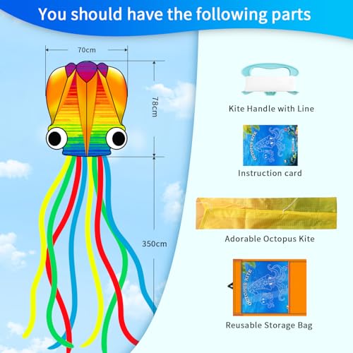 Xida Octopus Kite for Kids and Adults – Rainbow Frameless Soft Kite with 200ft Line