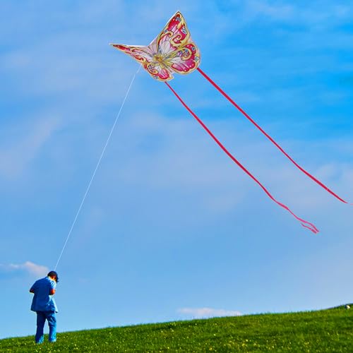 Xida Pink Butterfly Kite – Easy-to-Fly Large Kite with 300ft Handle for Kids & Adults