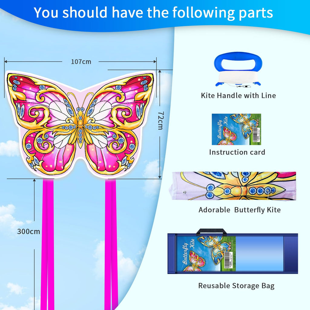 Xida Pink Butterfly Kite – Easy-to-Fly Large Kite with 300ft Handle for Kids & Adults