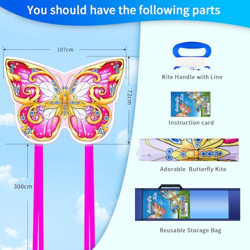 Xida Pink Butterfly Kite – Easy-to-Fly Large Kite with 300ft Handle for Kids & Adults