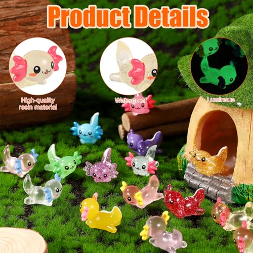 XIHIRCD 48-Piece Mini Resin Axolotl Figurines – 3 Styles (Luminous, Glitter, Solid) for DIY, Garden, Dollhouse Decor