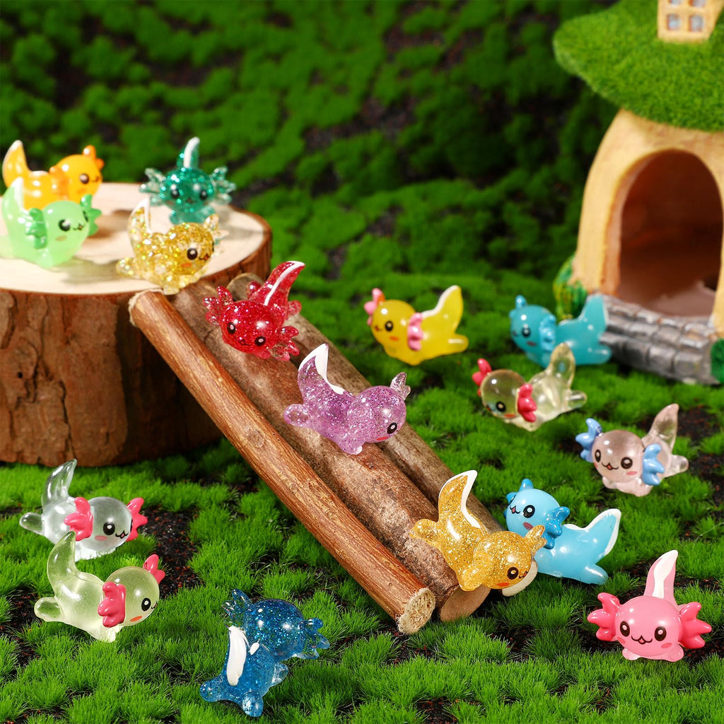 XIHIRCD 48-Piece Mini Resin Axolotl Figurines – 3 Styles (Luminous, Glitter, Solid) for DIY, Garden, Dollhouse Decor