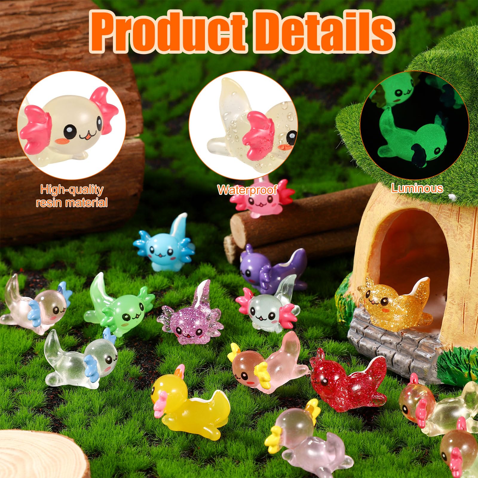 XIHIRCD 48-Piece Mini Resin Axolotl Figurines – 3 Styles (Luminous, Glitter, Solid) for DIY, Garden, Dollhouse Decor