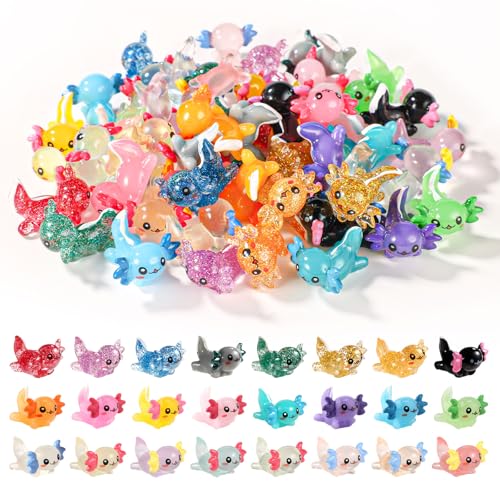 XIHIRCD 48-Piece Mini Resin Axolotl Figurines – 3 Styles (Luminous, Glitter, Solid) for DIY, Garden, Dollhouse Decor