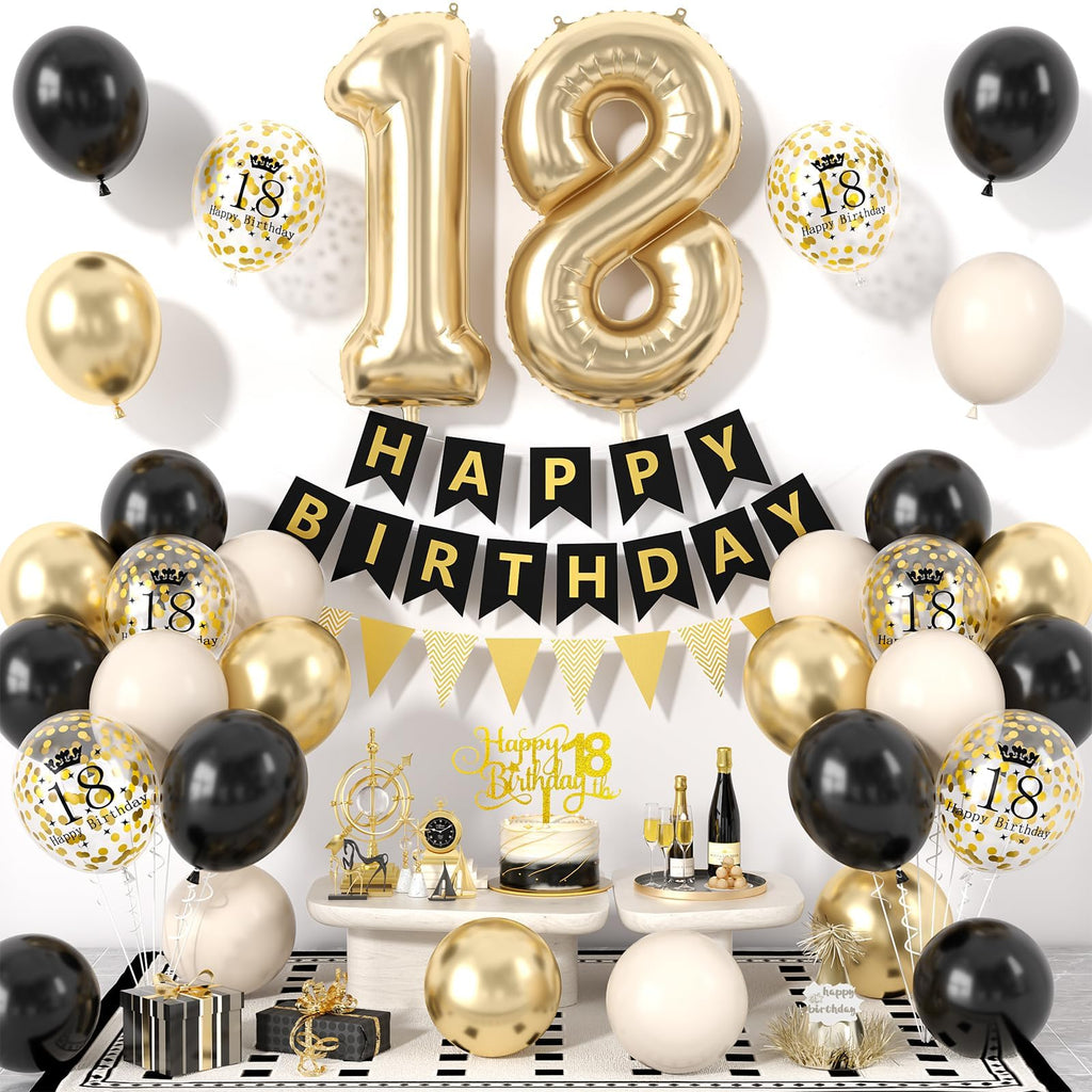 Xinvery 18th Birthday Decorations Black Gold Set – Banner, Cake Topper, Number 18 Balloon & Confetti Balloons