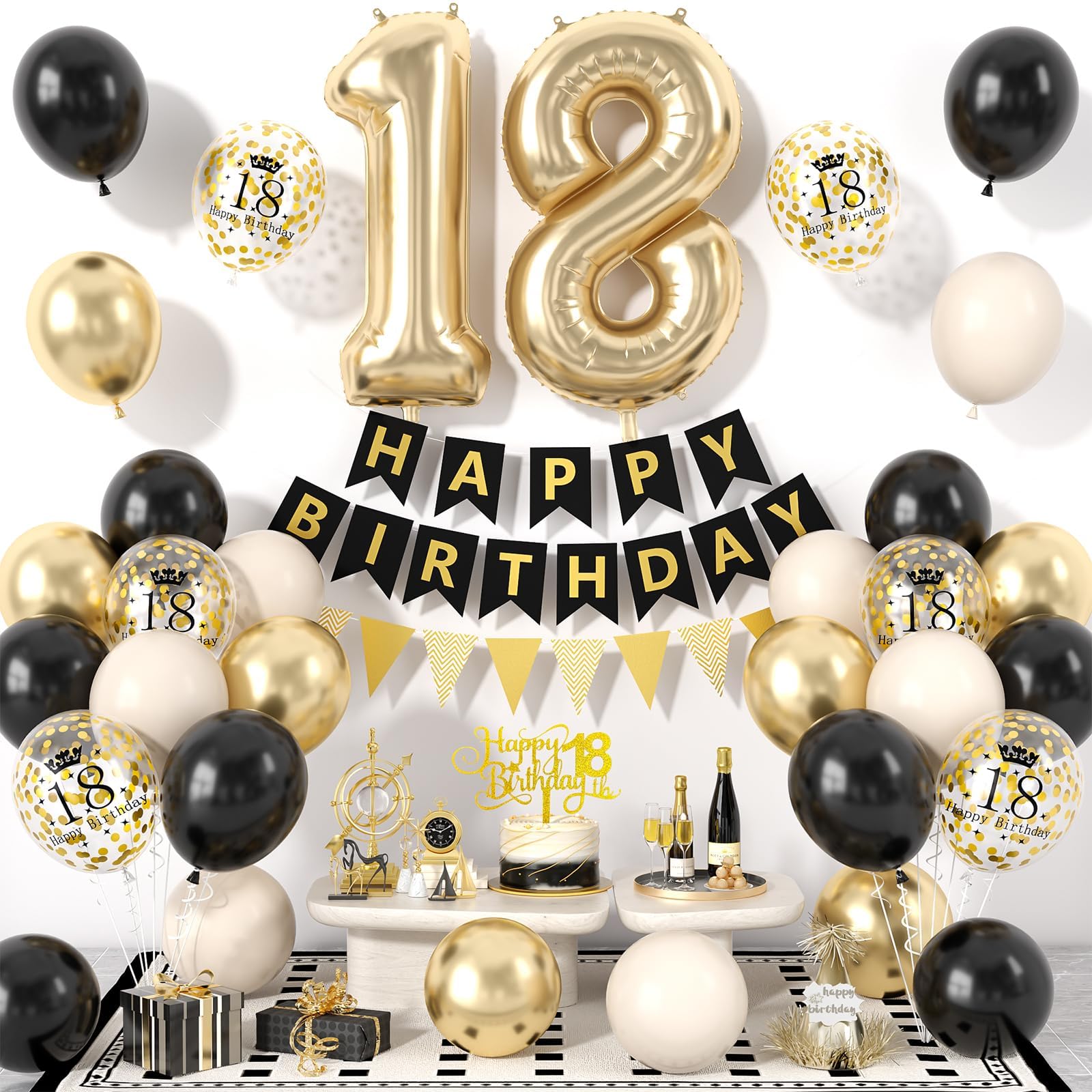 Xinvery 18th Birthday Decorations Black Gold Set – Banner, Cake Topper, Number 18 Balloon & Confetti Balloons