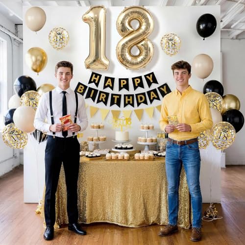 Xinvery 18th Birthday Decorations Black Gold Set – Banner, Cake Topper, Number 18 Balloon & Confetti Balloons