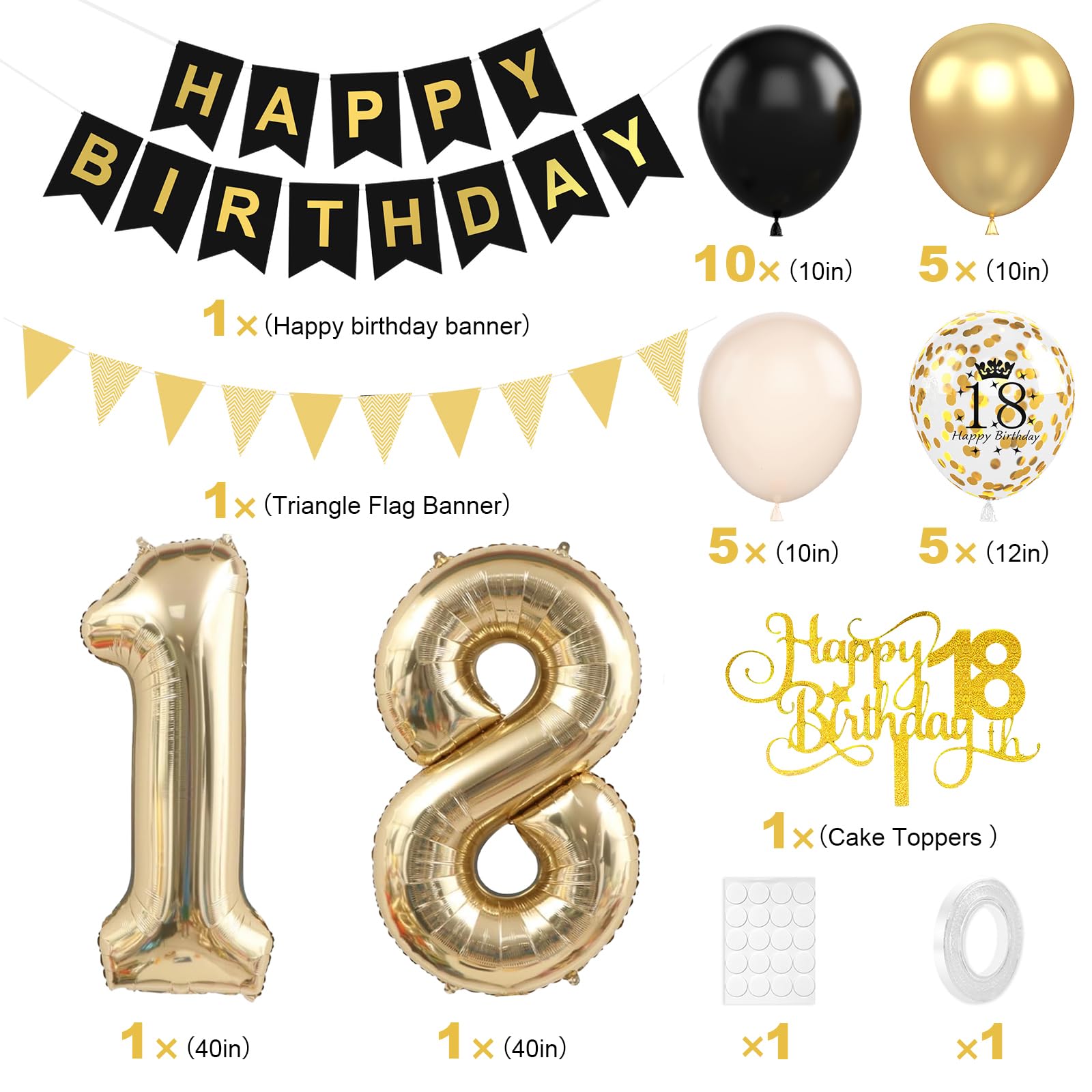 Xinvery 18th Birthday Decorations Black Gold Set – Banner, Cake Topper, Number 18 Balloon & Confetti Balloons