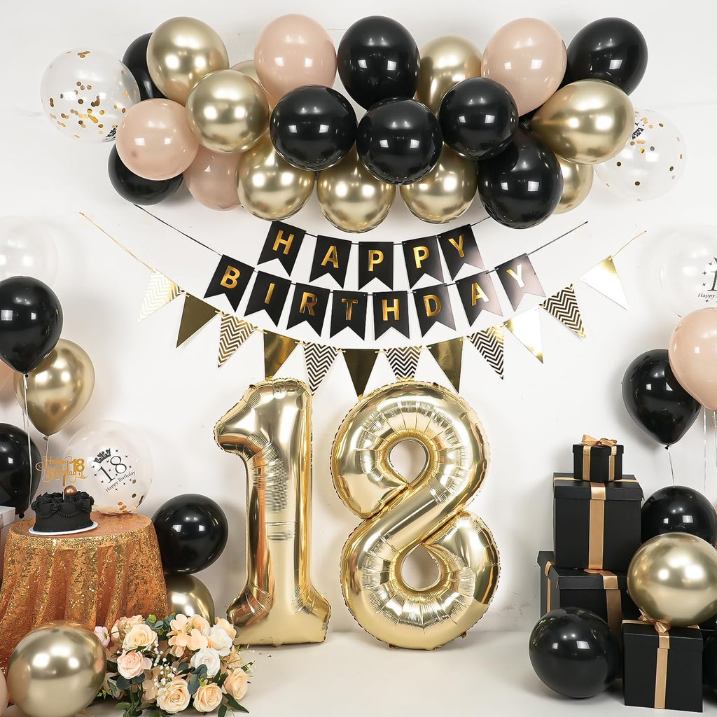 Xinvery 18th Birthday Decorations Black Gold Set – Banner, Cake Topper, Number 18 Balloon & Confetti Balloons