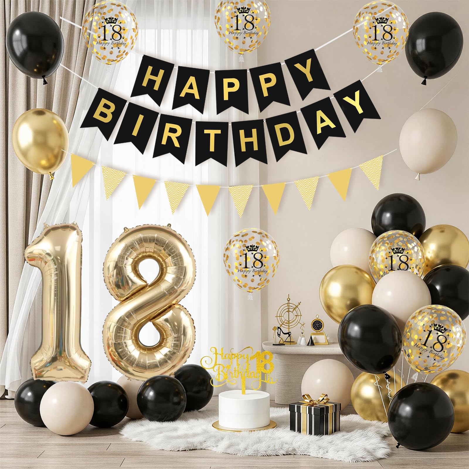 Xinvery 18th Birthday Decorations Black Gold Set – Banner, Cake Topper, Number 18 Balloon & Confetti Balloons