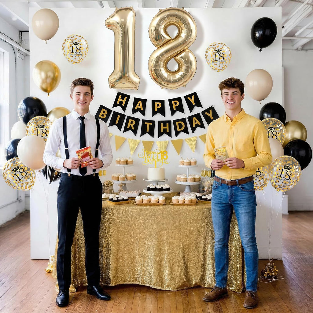 Xinvery 18th Birthday Decorations Black Gold Set – Banner, Cake Topper, Number 18 Balloon & Confetti Balloons