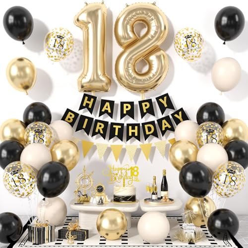 Xinvery 18th Birthday Decorations Black Gold Set – Banner, Cake Topper, Number 18 Balloon & Confetti Balloons
