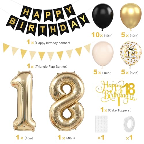 Xinvery 18th Birthday Decorations Black Gold Set – Banner, Cake Topper, Number 18 Balloon & Confetti Balloons