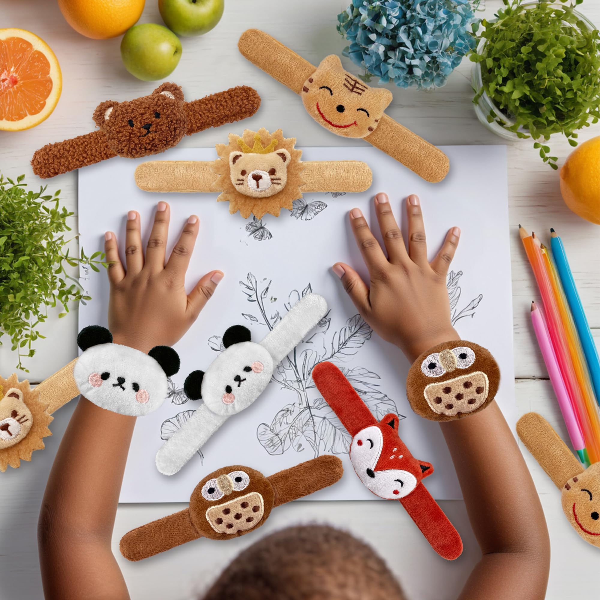 XIPEGPA 12-Pack Plush Animal Slap Bracelets – Cute Stuffed Animal Wrist Toys in 6 Designs for Kids, Party Favors, and Gifts