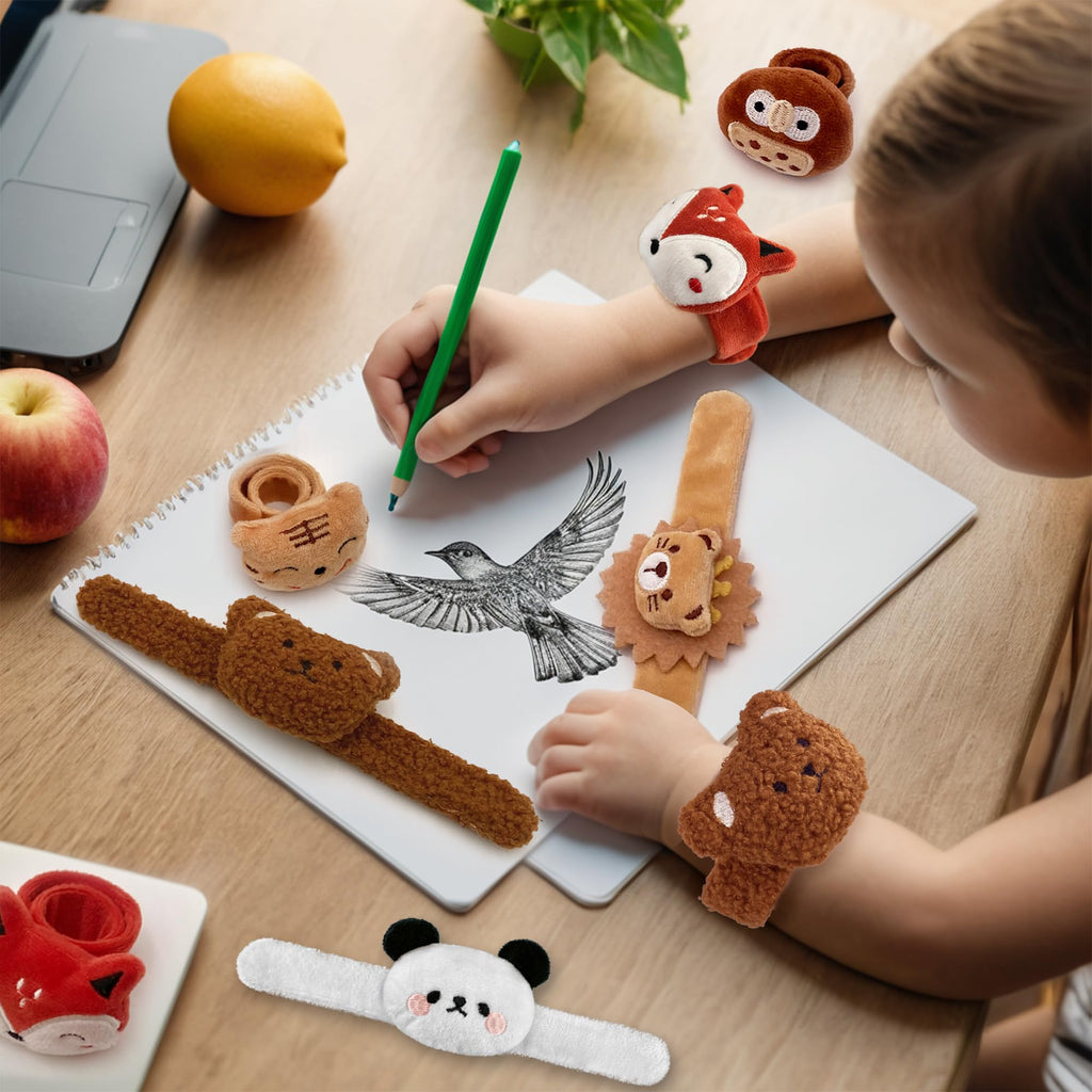 XIPEGPA 12-Pack Plush Animal Slap Bracelets – Cute Stuffed Animal Wrist Toys in 6 Designs for Kids, Party Favors, and Gifts