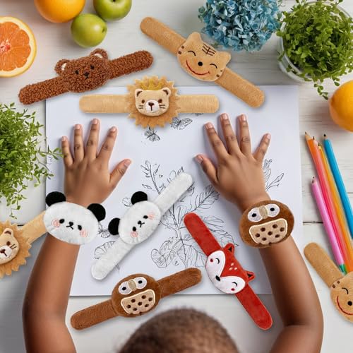 XIPEGPA 12-Pack Plush Animal Slap Bracelets – Cute Stuffed Animal Wrist Toys in 6 Designs for Kids, Party Favors, and Gifts