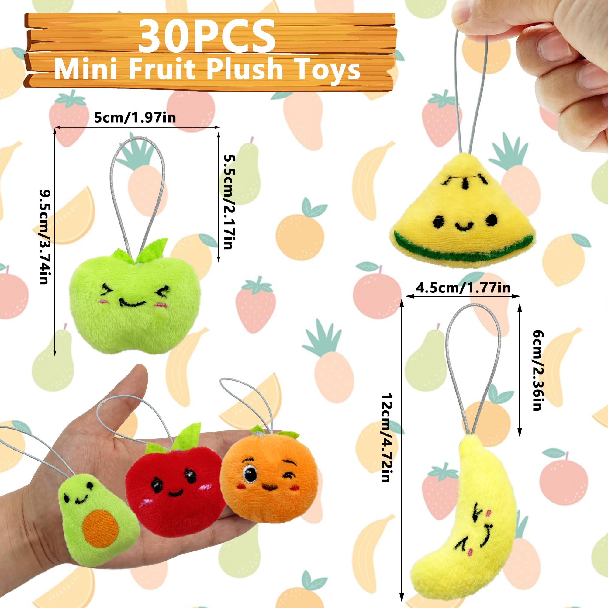 XIPEGPA 30-Piece Mini Fruit Plush Toy Set – Assorted Stuffed Fruits with Keychain Ropes for Party Favors, Easter Egg Stuffers, and Classroom Prizes