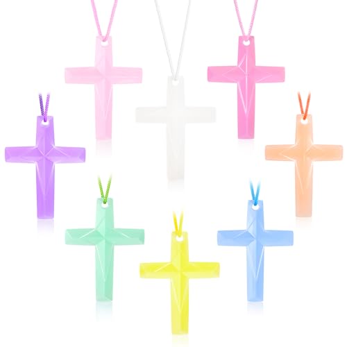 XIPENGKEJI 104 Pack Macaron Crystal Cross Necklaces - Bulk Religious Party Favors for Sunday School, Easter, Christmas