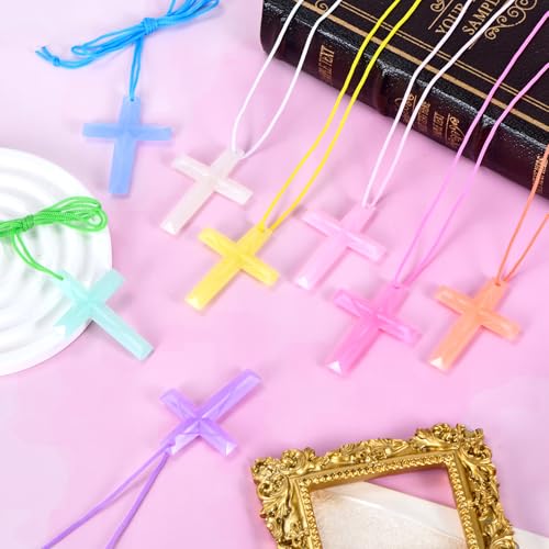 XIPENGKEJI 104 Pack Macaron Crystal Cross Necklaces - Bulk Religious Party Favors for Sunday School, Easter, Christmas