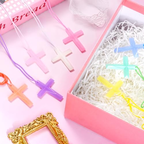 XIPENGKEJI 104 Pack Macaron Crystal Cross Necklaces - Bulk Religious Party Favors for Sunday School, Easter, Christmas