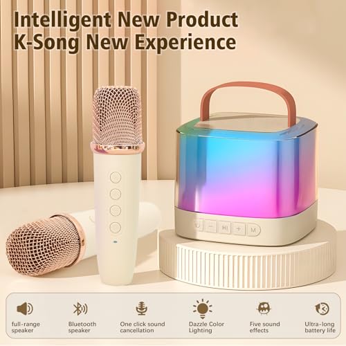Xiwoa Portable Bluetooth Karaoke Machine for Kids with Dual Wireless Microphones, LED Lights, Voice Change, 10-12 Hour Battery