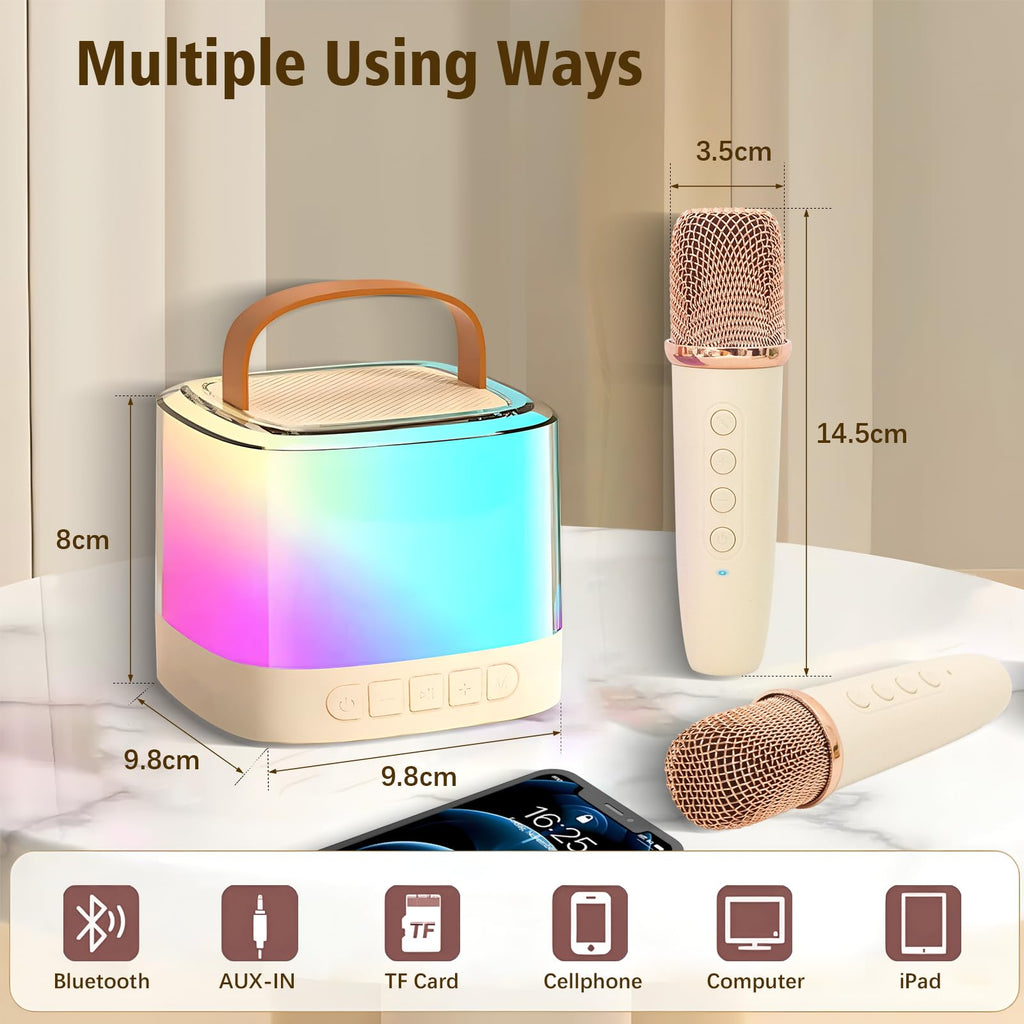 Xiwoa Portable Bluetooth Karaoke Machine for Kids with Dual Wireless Microphones, LED Lights, Voice Change, 10-12 Hour Battery