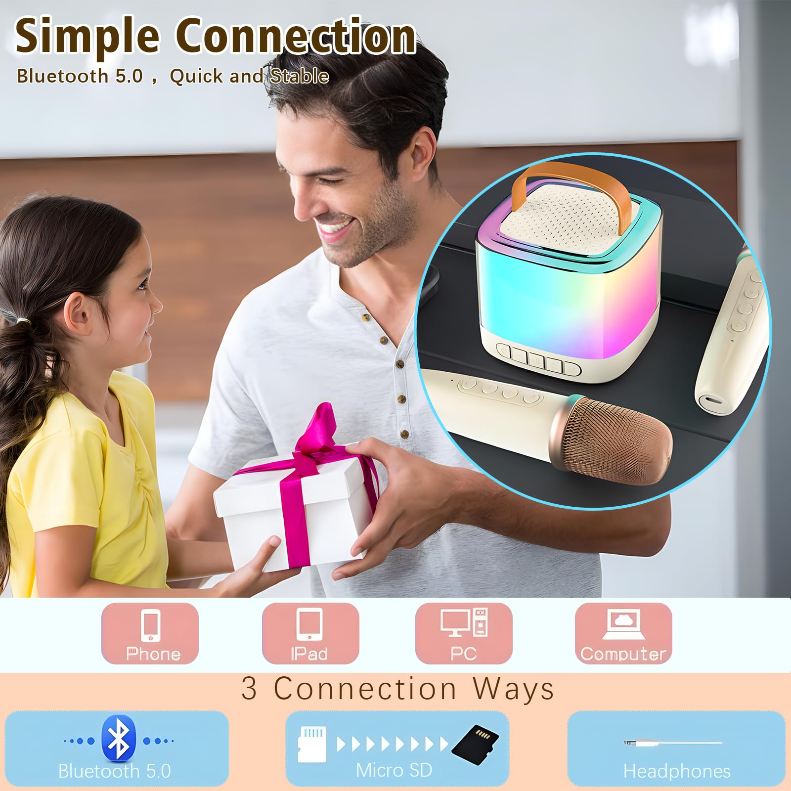 Xiwoa Portable Bluetooth Karaoke Machine for Kids with Dual Wireless Microphones, LED Lights, Voice Change, 10-12 Hour Battery