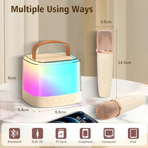 Xiwoa Portable Bluetooth Karaoke Machine for Kids with Dual Wireless Microphones, LED Lights, Voice Change, 10-12 Hour Battery