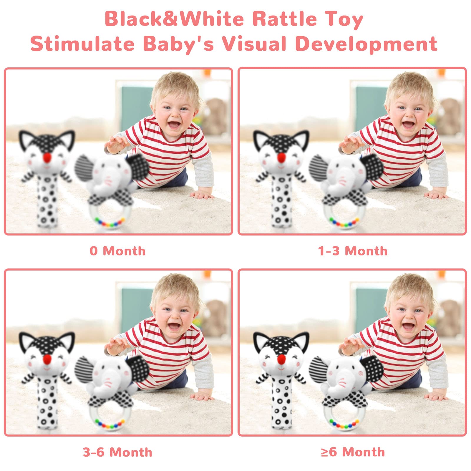 XIXILAND Black & White Baby Rattles for Newborns 0-6 Months - Fox Squeak & Elephant Shaker Set